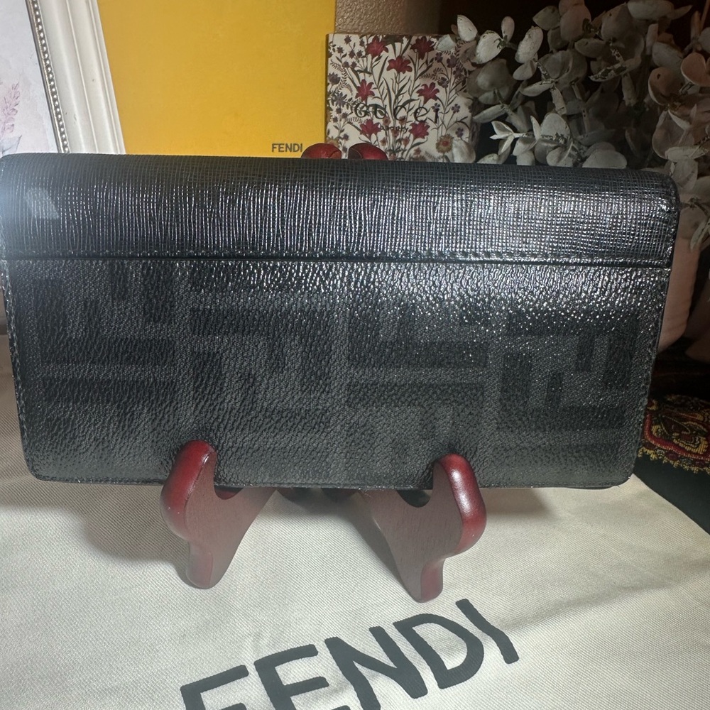 Fendi Textured leather black bifold monogram long wallet unisex